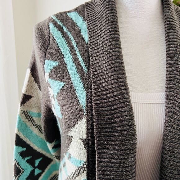 Eddie Bauer Turquoise Blue & Gray Aztec Southwestern Knitted Cardigan Sweater -M - Picture 3 of 9
